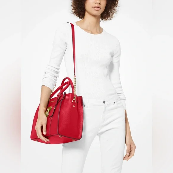Michael Kors MK Nouveau Hamilton Leather Satchel Crossbody Bag Purse in Red - Picture 3 of 17